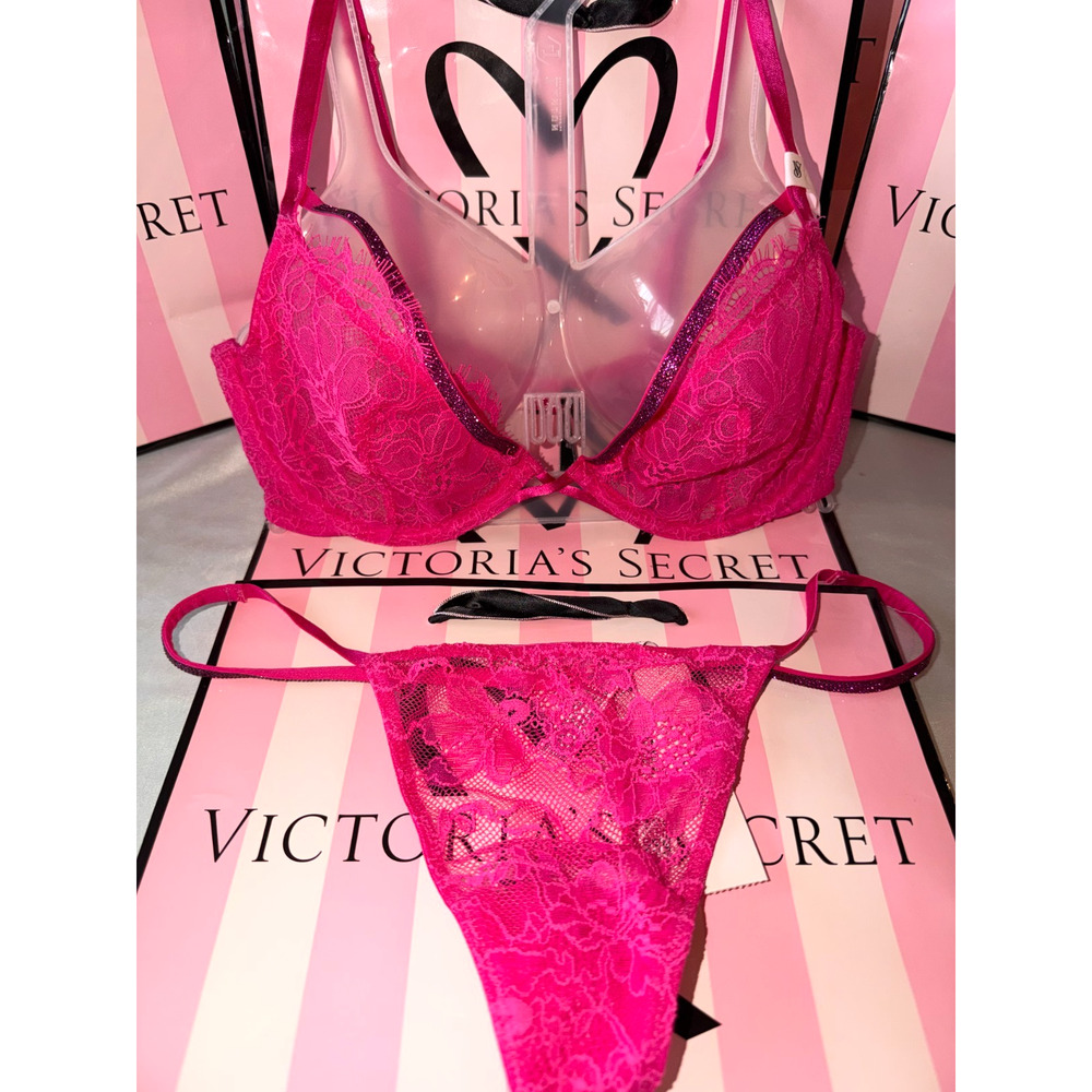 Victorias Secret Bra Very Sexy Bling Strap Set Pink Fusia 36B Medium Thong